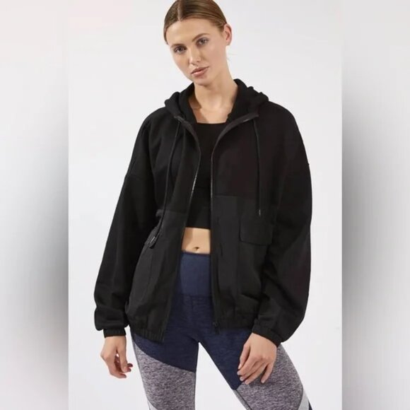 Alo Intent Hooded Jacket Solid Black Oversized Pockets Size Large - Picture 2 of 5